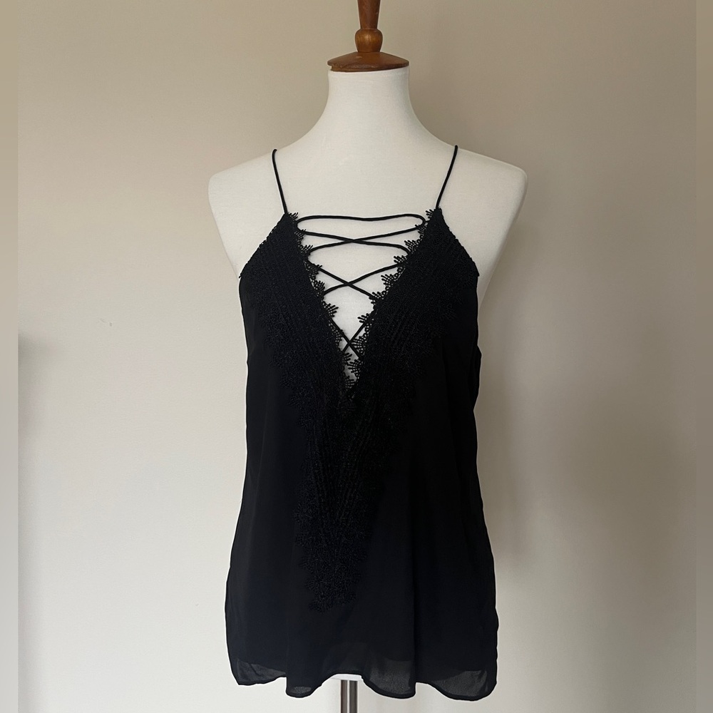 Wayf Black Lace-Up Camisole Top